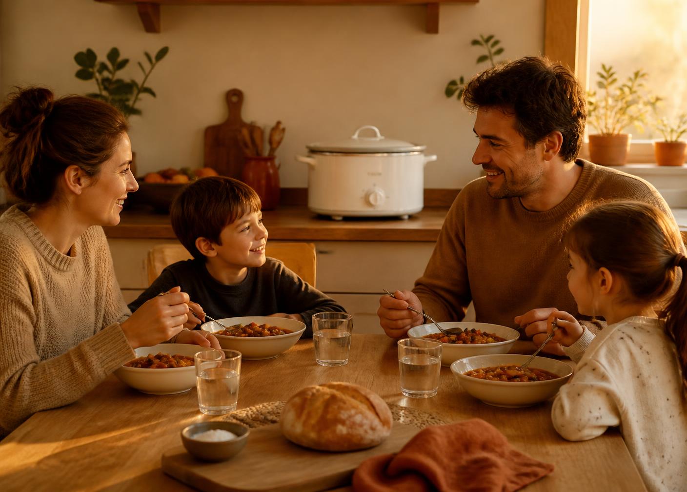 A family eating a homemade crockpot dinner together, with a clean empty slow cooker on the counter behind them