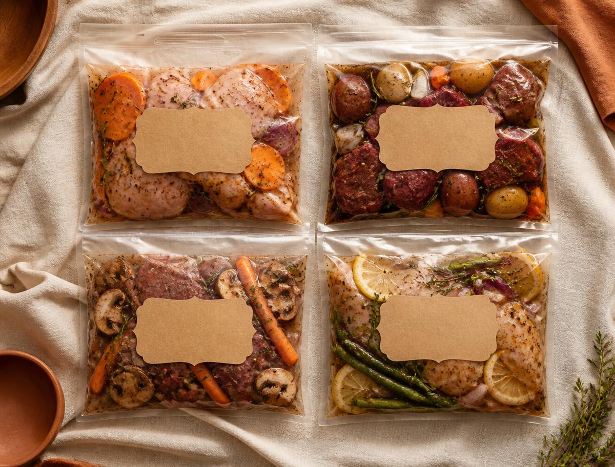 Four sealed slow-cooker-safe meal bags of meat and vegetables laid out on linen
